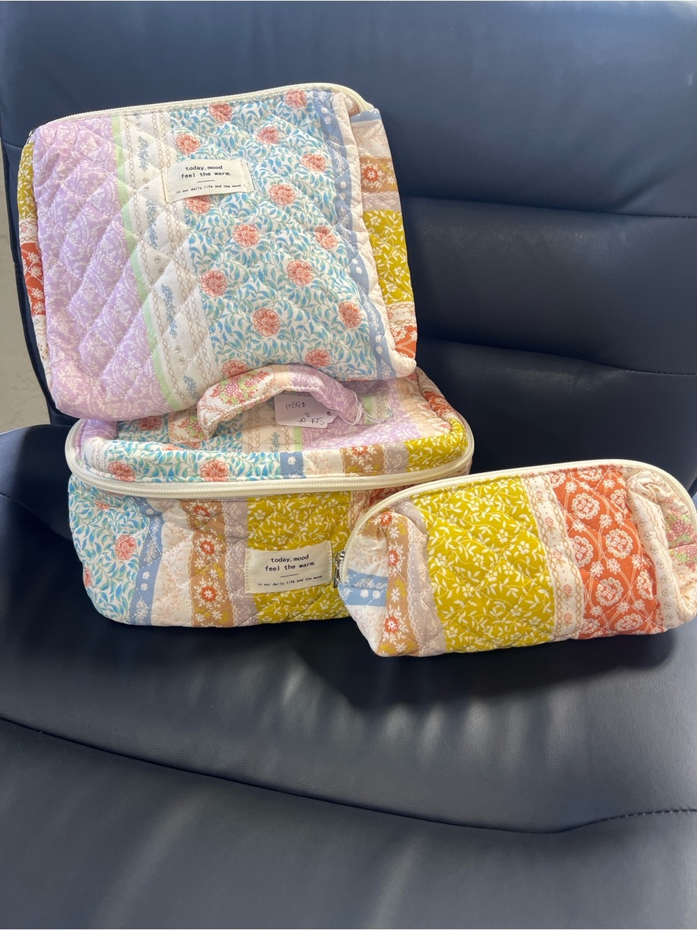 Patchwork Quilted Cosmetic & Travel Bag Set in Pastel Floral